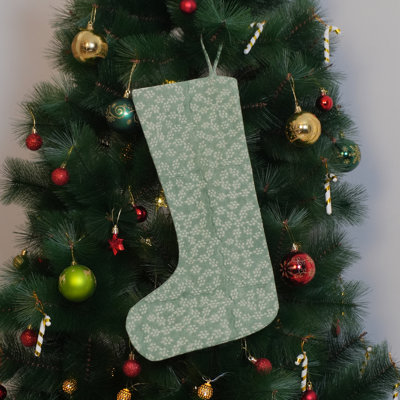Chaussette de Noël vert clair en lin épais - Décoration de fêtes festive imprimée à la main Ola Vrishti