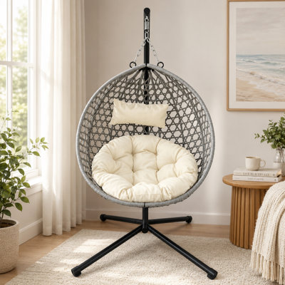 Foldable Hanging Egg Chair with Stand Supports 350 lbs Indoor Outdoor Patio Chair with Cushion