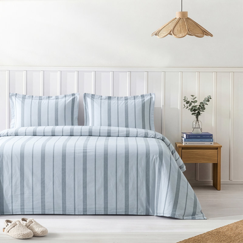 Ensemble de housse de couette 100% coton lavé American, Housse de couette double + 2 grandes taies décora, Bleu