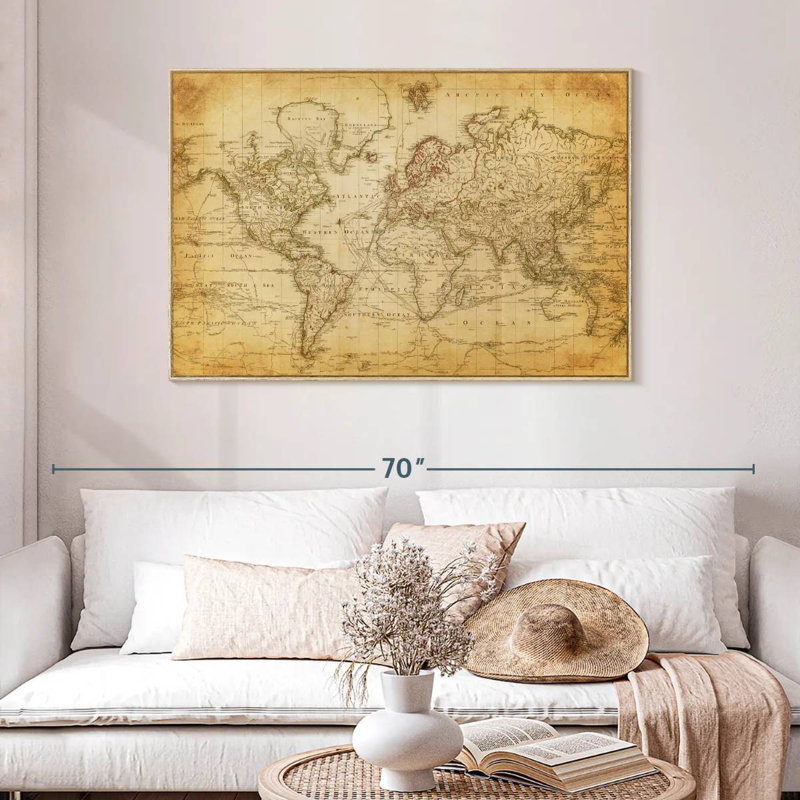 Old Century World Map, Floating Frame Natural Wood, 46" X 31"