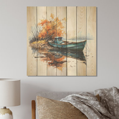 Autumn Tranquillity Canoe By The Lake II - Boat Fishing On Wood Print