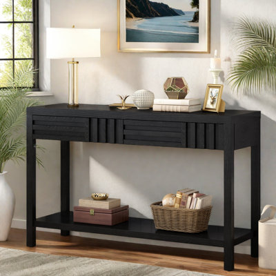 Modern Console Table With Striped Design, 2 Drawers And 2-tier Design