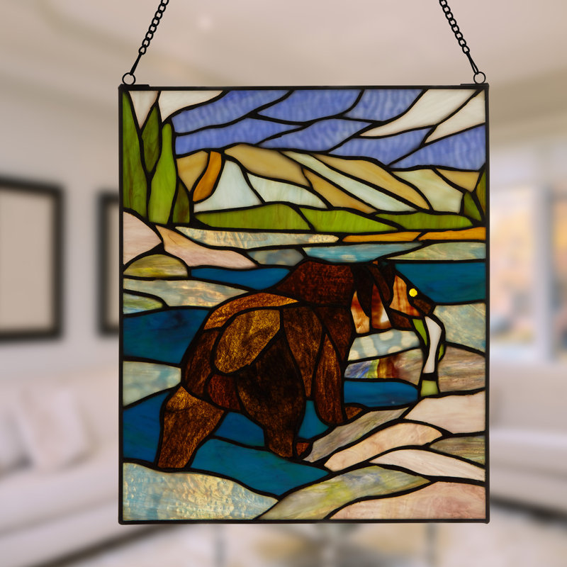 14"H Bear Stained Glass Window Panel