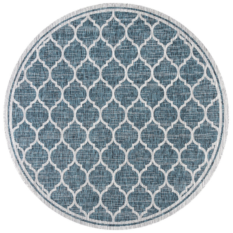 Hague Moroccan Trellis Textured Weave Teal/Gray Indoor/Outdoor Rug, Round 5'3"