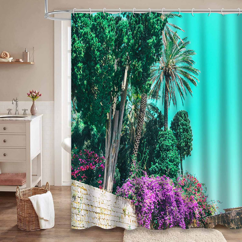 Palmiers, plantes, ciel rose, été minimaliste avec 12 crochets, L 72 po x l 84 po