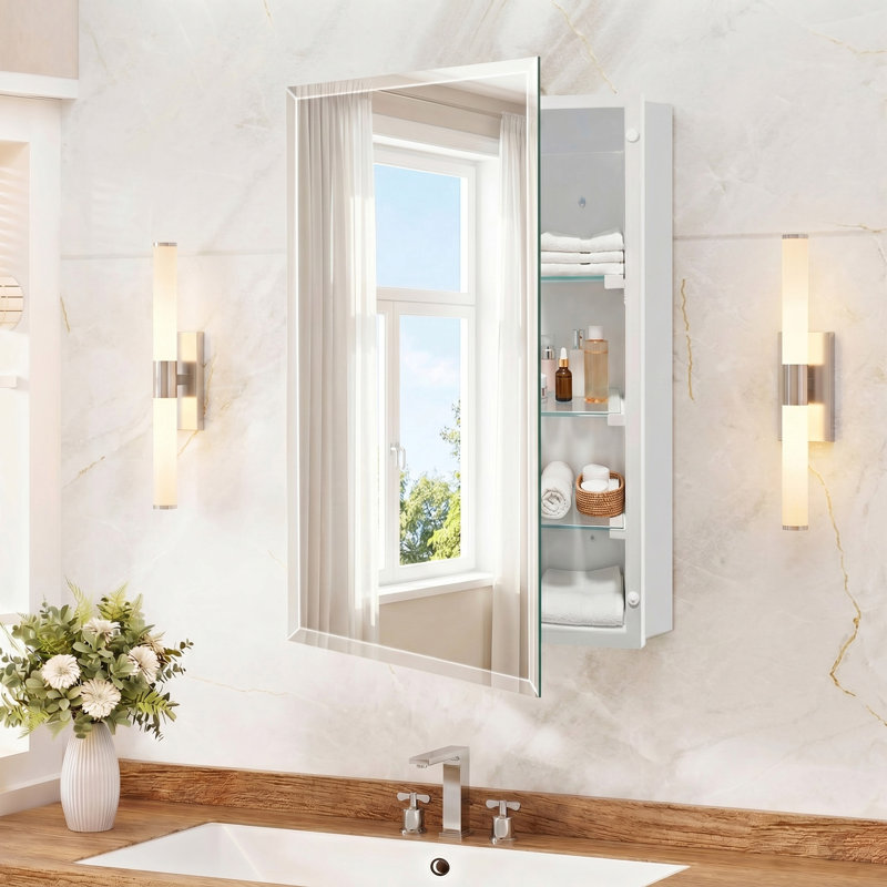 22x30 Inches Rectangular Beveled Frameless Medicine Cabinet, Wall Mounted Mirror Cabinet For Bathroom Toilet Kitchen,Recess Or Surface Mount Installation