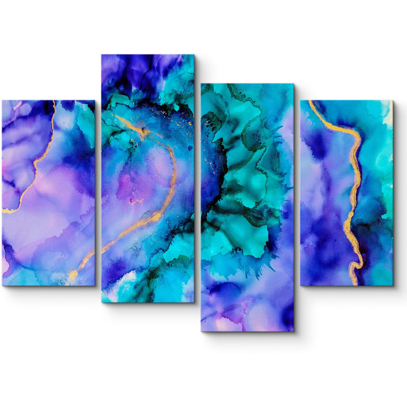 Agate en marbre bleu sarcelle mauve et aquarelle vagues 4 pièces