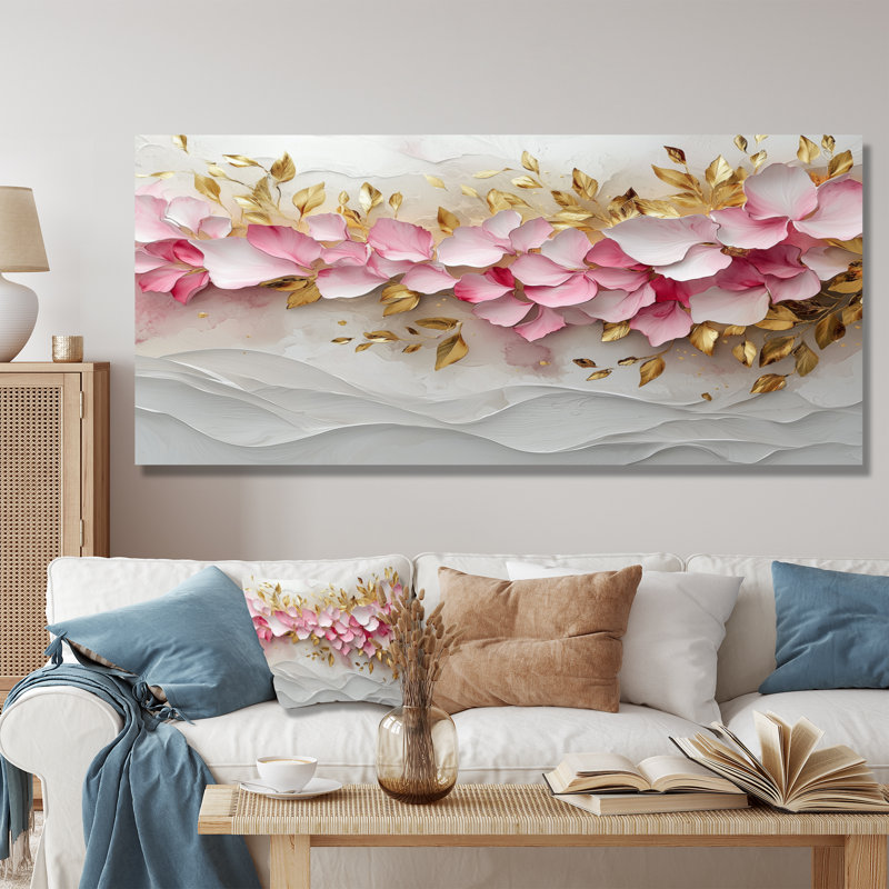 Or rose, veines élégantes de pétales de fleurs I - fleurs abstraites en métal, art mural, H 28 po x l 60 po