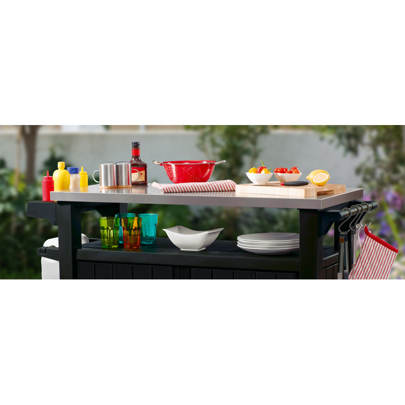Arrilla Bar Cart Portable Outdoor Table Made of Durable Wood-look Resin And Stainless Steel Countertop Ideal For Kitchen Prep and Grilling