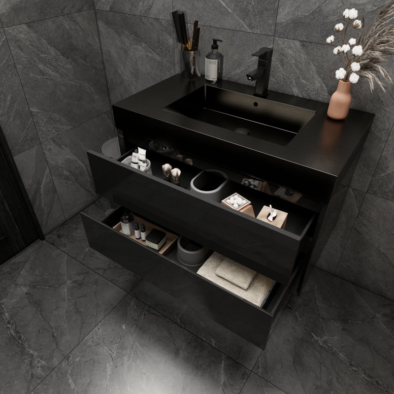 Golitz 35.5'' Single Bathroom Vanity with Stainless Steel Top, Glossy Black