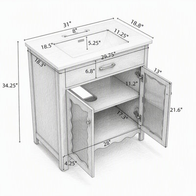 30" Bathroom Vanity Cabinet with Tempered Glass Top, Rubber Wood Legs, Soft Close Doors, Modern Design, Green
