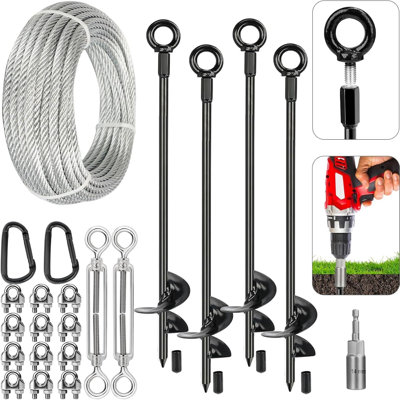 30" Heavy-Duty Spiral Ground Anchor Kit with Galvanized Cable and Turnbuckles for Sheds and Outdoor Structures (Set of 4)