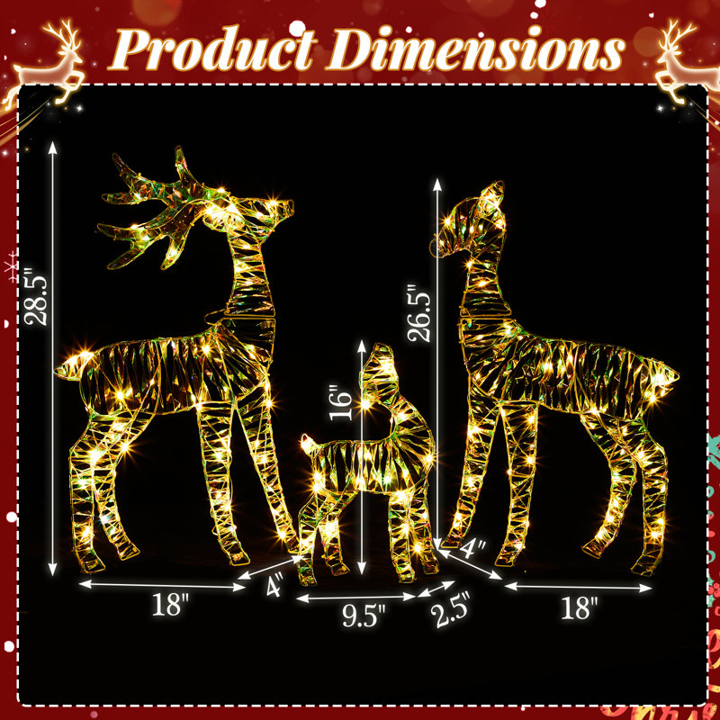 3 pièces de décoration de Noël renne iridescent éclairé