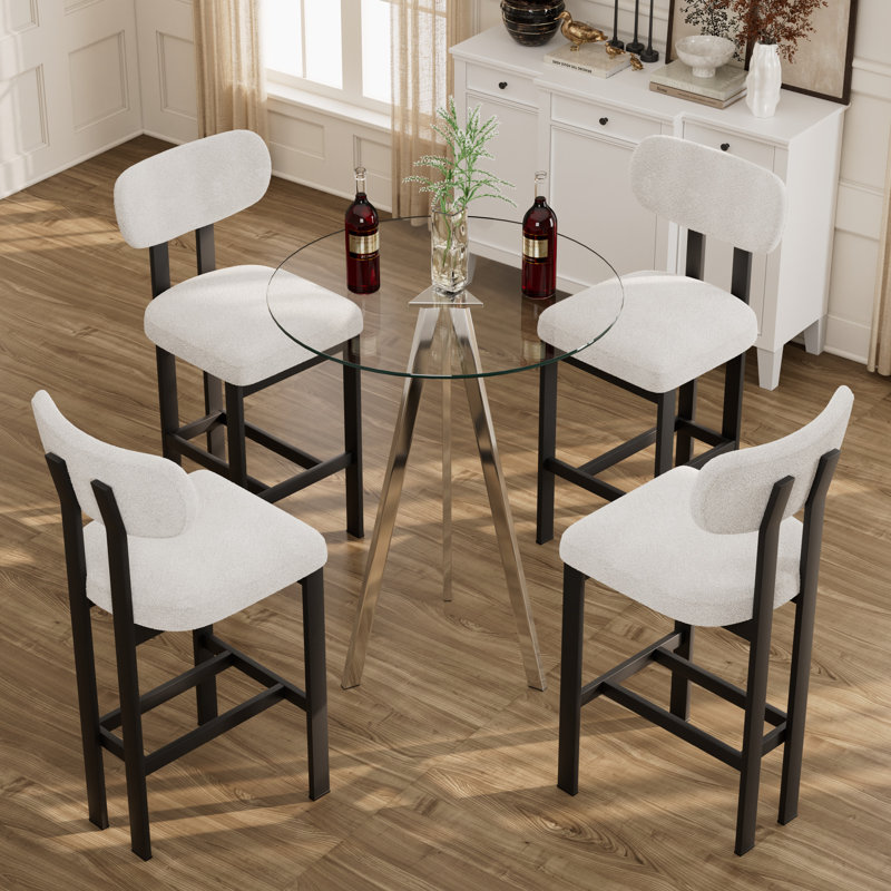 Ensemble de table de bar moderne en verre trempé avec tabourets de bar rembourrés en tissu, 5 pièces: table, 4 chaises
