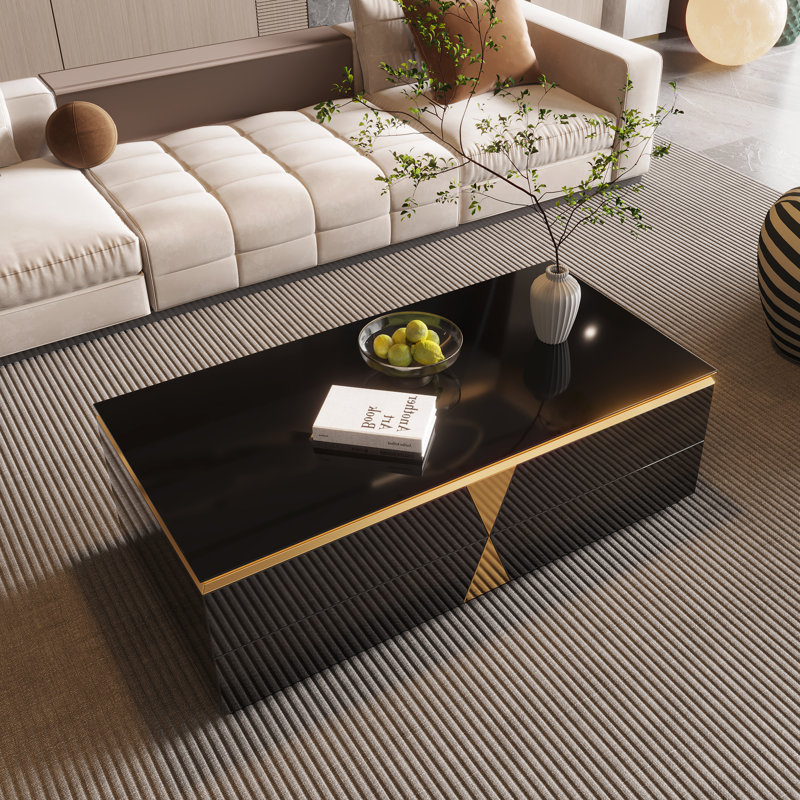 Ryian Black Glass Top Coffee Table With Gold Classic Landing Shape With 4 Drawers, Fully Assembled