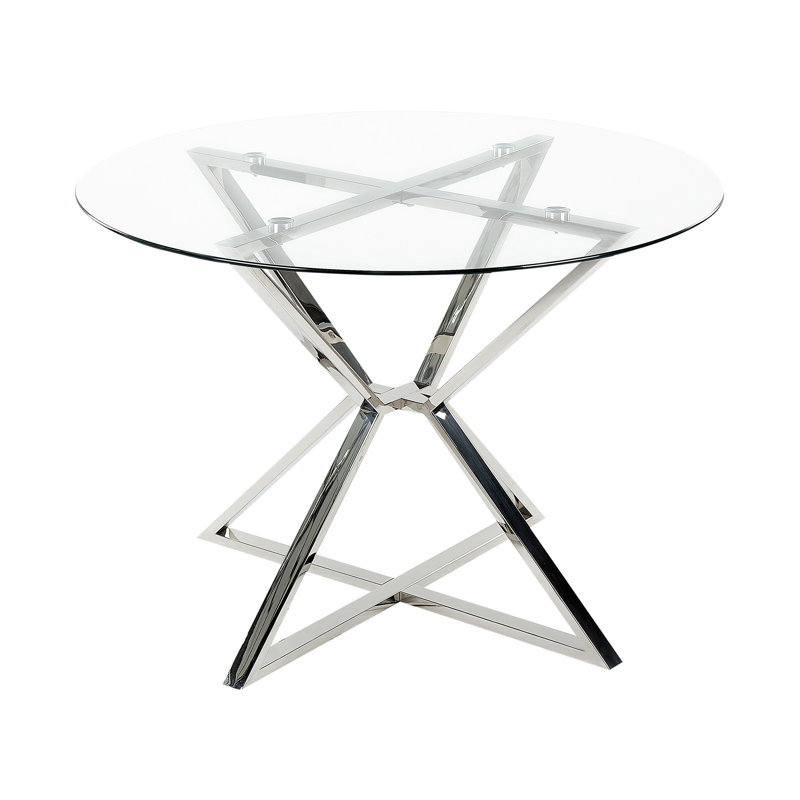 Chatom Round Glass Top Metal Base Dining Table, Transparent, Silver