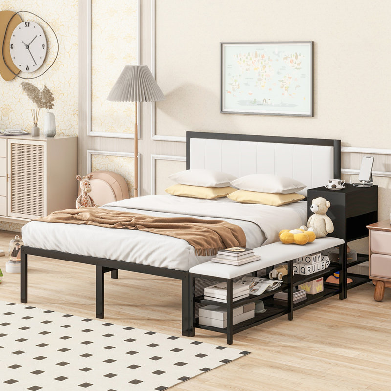 Lit plateforme en métal avec tablettes de rangement, Double, Noir