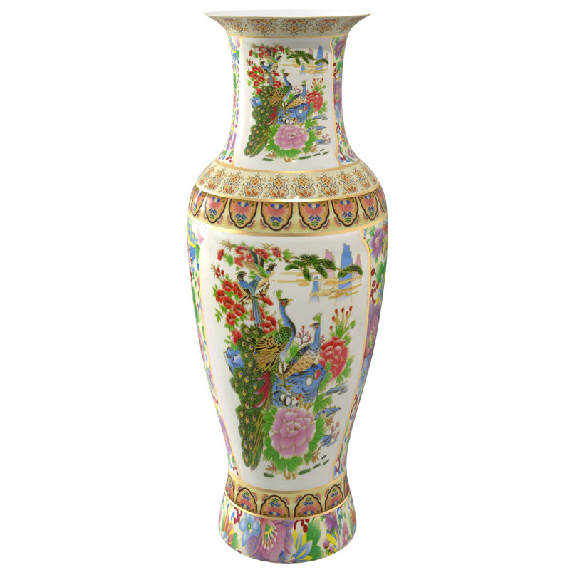 Huneycutt Handcrafted Hand-Painted Ceramic Floor Vase, Satsuma Birds and Flowers