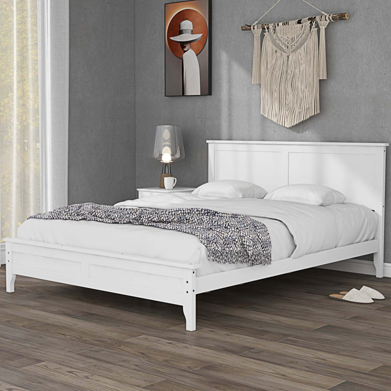 Solid Wood Platform Bed ,Low Profile bed frame, Queen, White