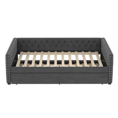 Full Size Upholstered Daybed with Tufted Arms & Twin Trundle, Sofa Bed with Button & Copper Nail Detail, Gray