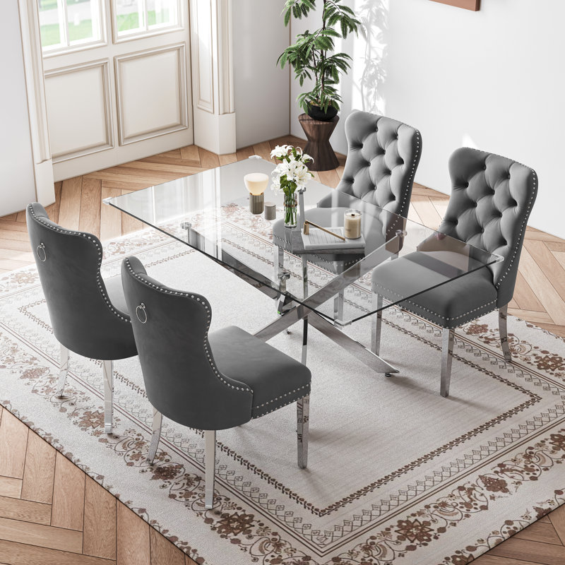 5-Piece Rectangular Glass Dining Set, 63" Modern Tempered Glass Dining Table With Velvet Upholstered Seats, Silver
