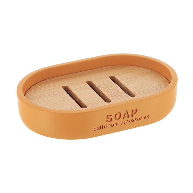 Mustard Yellow Polyresin Soap Dish with Bamboo Base