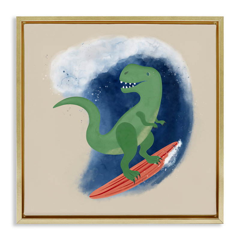 «Surfing Dino T-Rex», art mural encadré flottant par Carrie Cantwell, Cadre flottant métallique doré, H 25 po x l 25 po