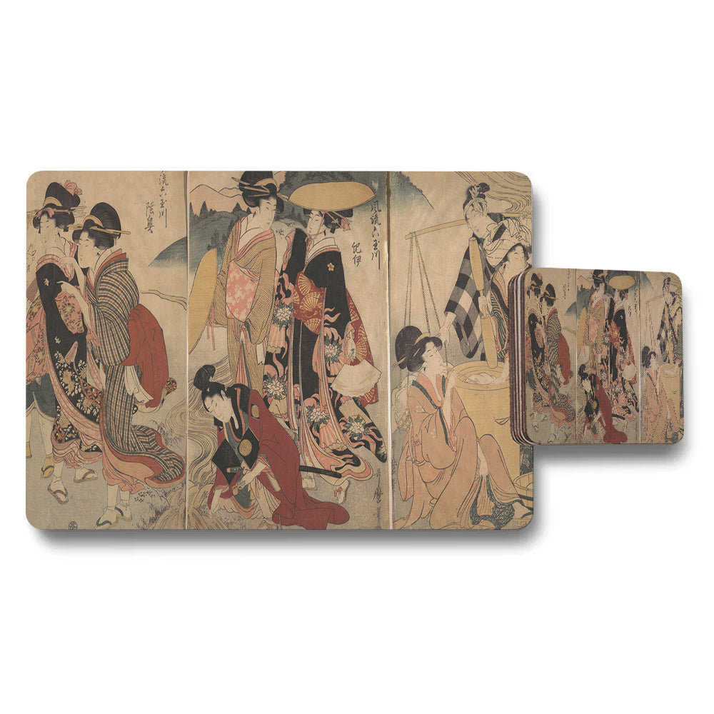 Japanese Ukiyoe Placemats And Coasters Set With Vintage Artwork
