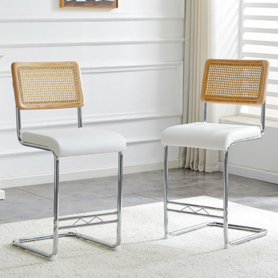 Natural Rattan Bar Stool 2-Piece Set With Solid Wood Backrest 25 Inches Medieval Modern Style Counter Stool White Pu Leather Kitchen Stool Chrome Metal Legs