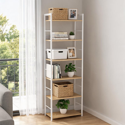 Bibliothèque à 6 niveaux, bibliothèque haute avec structure en métal et tablettes en bois, support de rangement industriel