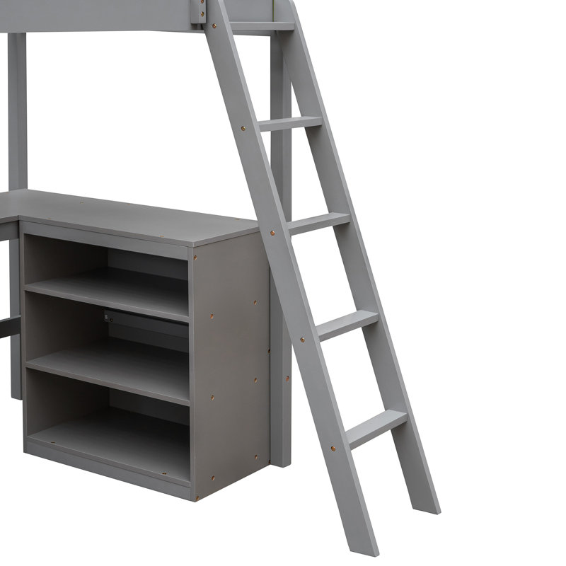Lit mezzanine simple gris avec bureau et tablette, option de vie, bois de pin massif, espace de rangement sans sommier requis, espace de rangement maximal, fondation