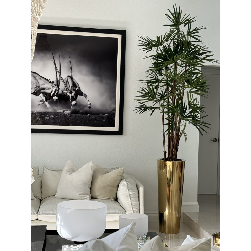 Lady Faux Palm Tree in Metal Planter, Gold, 96" H x 33" W x 33" D