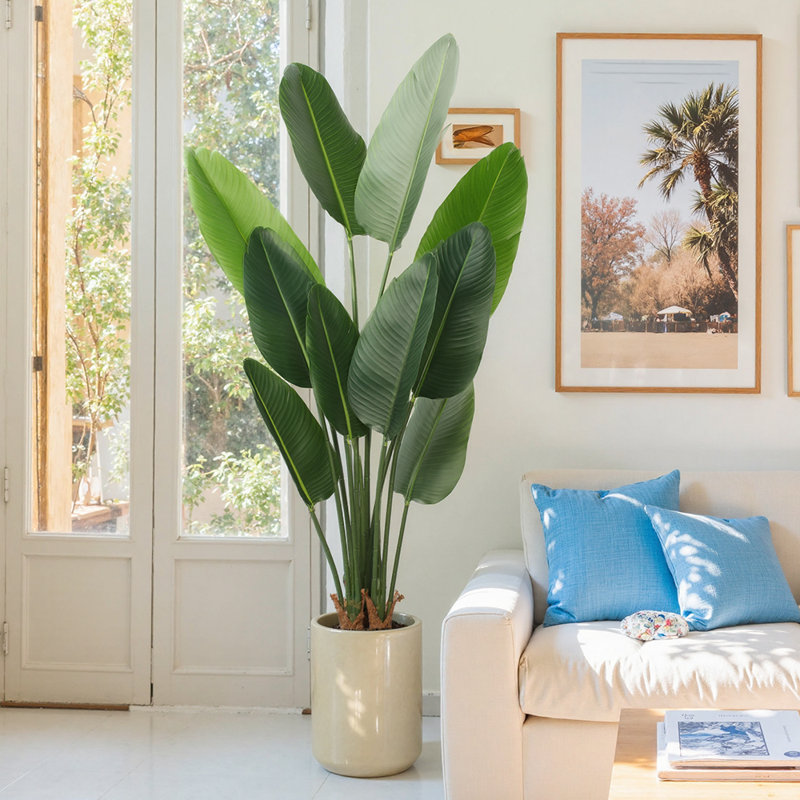 Oakgrove Fake Plants Faux Banana Leaf Tree Bird Of Paradise in Black Plastic Pot, 62.99" H x 6" W x 6" D, 1 pc.
