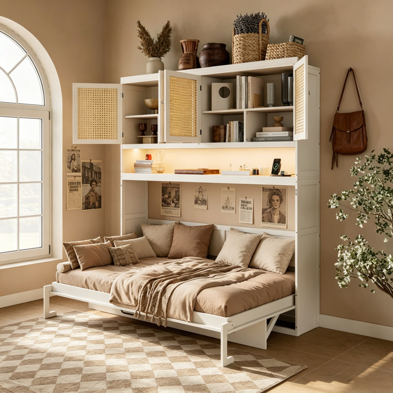 Lit escamotable simple avec armoire supérieure, lit pliable peu encombrant avec éclairage et port USB, White