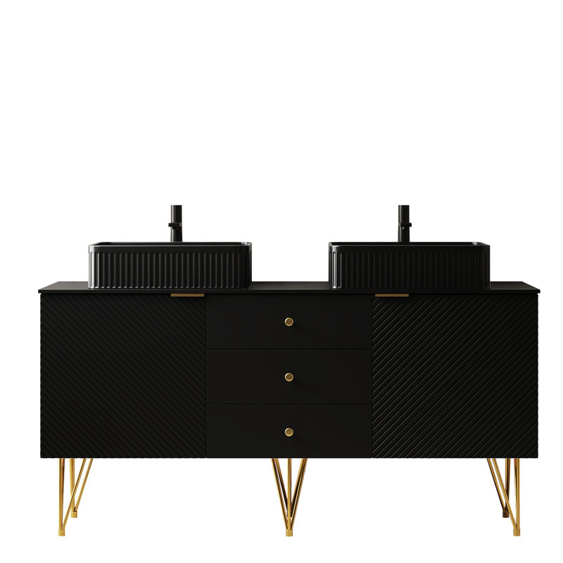 Meuble-lavabo de 60 po avec 2 lavabos vasques noirs, plateau en pierre frittée, 3 tiroirs, portes, unité de rangement autoportante en contreplaqué, 4 pieds dorés, surface en céramique teintée et fonctionnelle, armoire, exquis