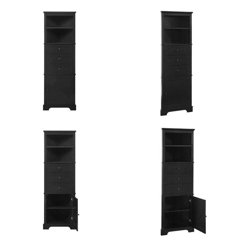 Triangle Tall Cabinet with 3 Drawers and Adjustable Shelves - MDF Board with Painted Finish, Black