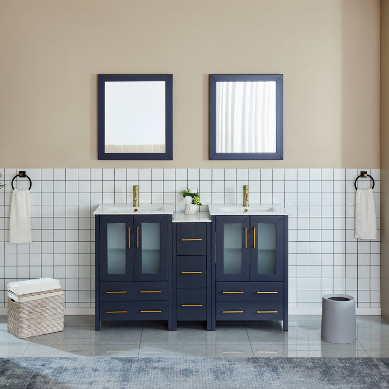 Brescia 60" Double Sink Freestanding Bathroom Vanity with Ceramic Top and Matching Mirrors, Blue