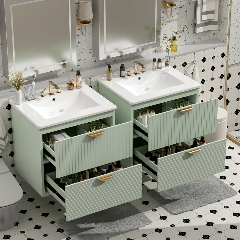 Ensemble de meuble-lavabo mural de style moderne 48 pouces avec double meuble-lavabo séparé, Vert