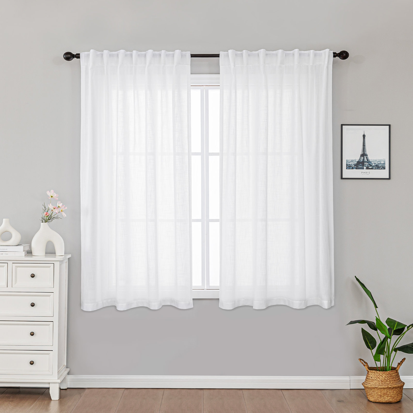 Toyoko Semi-Sheer Linen Blend Curtain Set, 52" W x 54" L, White