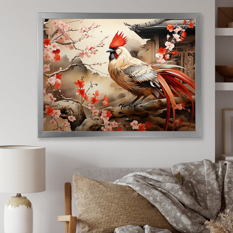 Japon, coq beige et rouge - coq animal, art mural, Cadre de coin argenté fermé, H 30 po x l 40 po x P 1,5 po