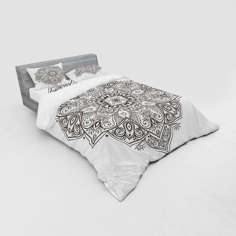 Queen White and Charcoal Mandala Duvet Cover Set