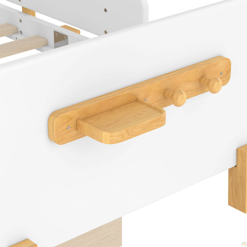 Lit plateforme simple avec tiroirs de rangement, structure de lit en bois massif avec garde-corps, Blanc clair, Lit simple