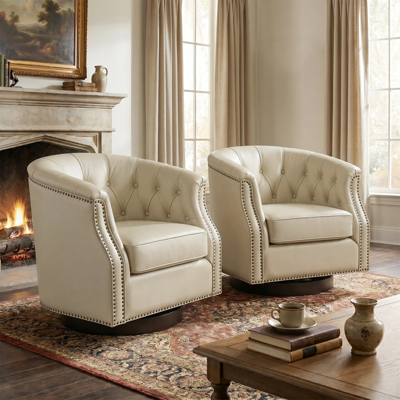 Nixmary Chesterfield Rocker And Swivel Genuine Leather Chair With Nailhead Trims, Beige Genuine Leather