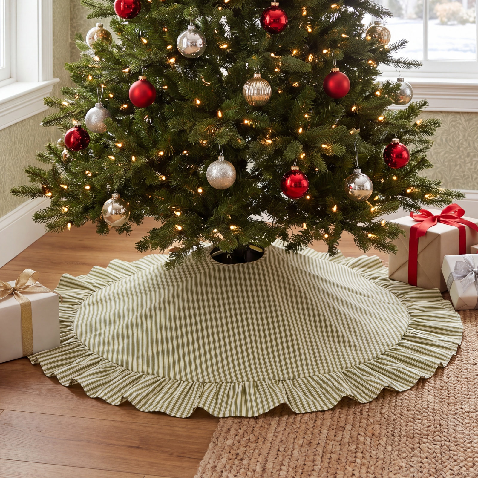 Polo Stripe Christmas Tree Skirt, Green, 36"