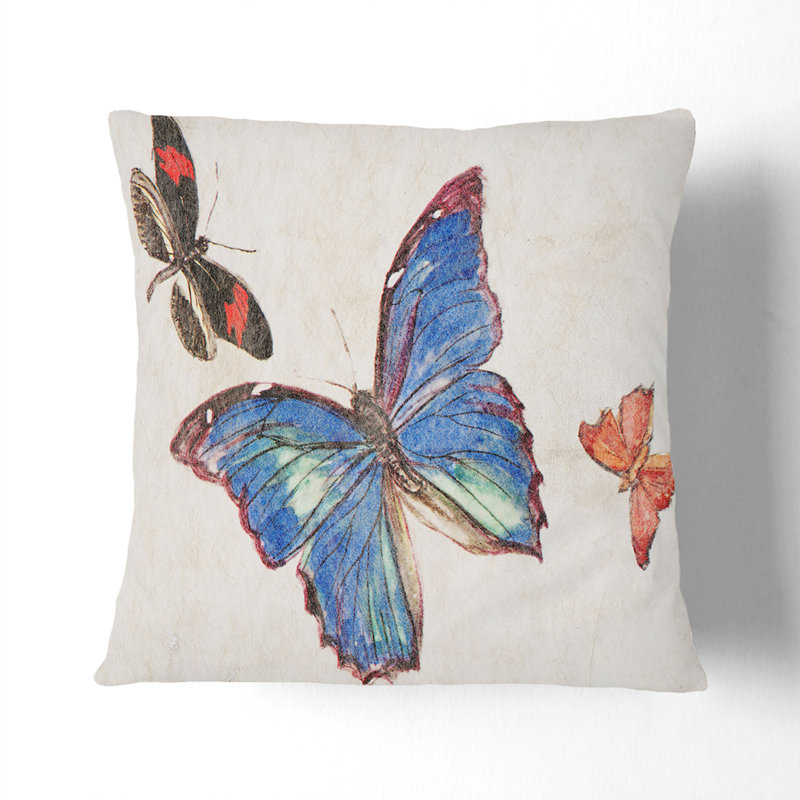 Three Butterflies by Fujishima Takeji Cushion with Filling, 55cm H x 55cm W x 20cm D, White