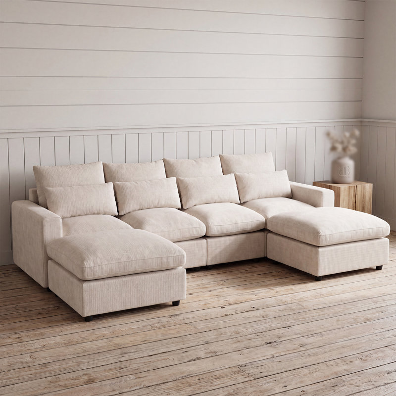 Canapé d'angle modulaire, canapé nuage surdimensionné en forme de U avec double méridienne, mobilier de salon 5 places en chenille rembourrée avec coussins moelleux, beige