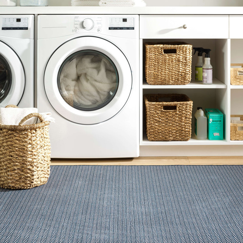 Herringbone Navy Machine Washable Rug, Rectangle 2' x 3'