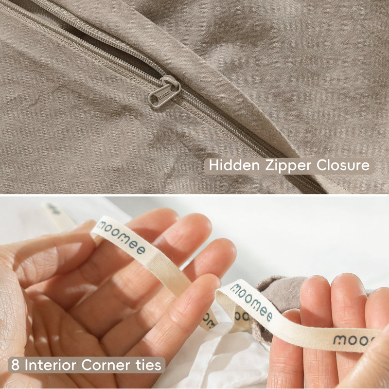MooMee Lightweight Duvet Cover Set with Zipper Closure 8 Ties 100% Washed Cotton Linen Like Textured Soft Breathable All-Season