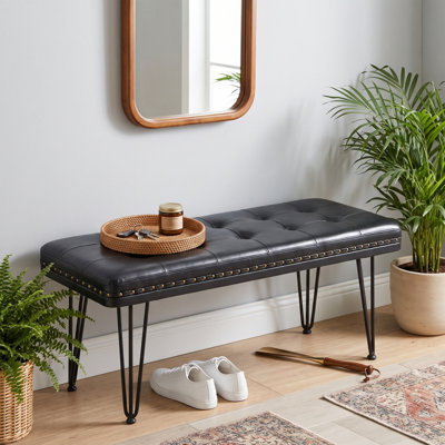 Banc de 47 po en similicuir touffeté, banc de chambre rembourré avec garniture cloutée en laiton et pieds en épingle à cheveux