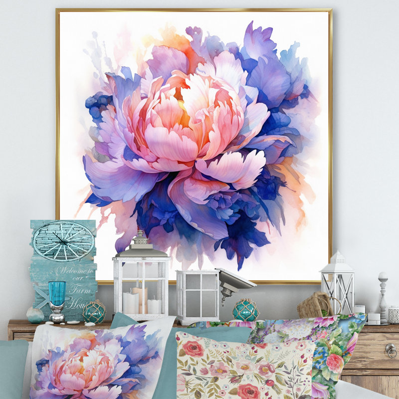 «Coral Blue Peony Visons», reproduction sur toile, Cadre flottant doré, H 16 po x l 16 po x P 1 po